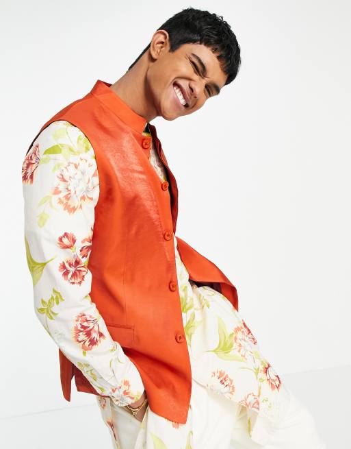ASOS DESIGN – Nehru – Obcisła ślubna kamizelka ze stójką w kolorze ciemnopomarańczowym