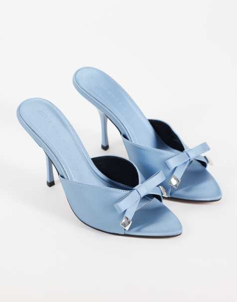 ASOS DESIGN Nelly mules met strikdetail en hoge hak in blauw satijn - view 1