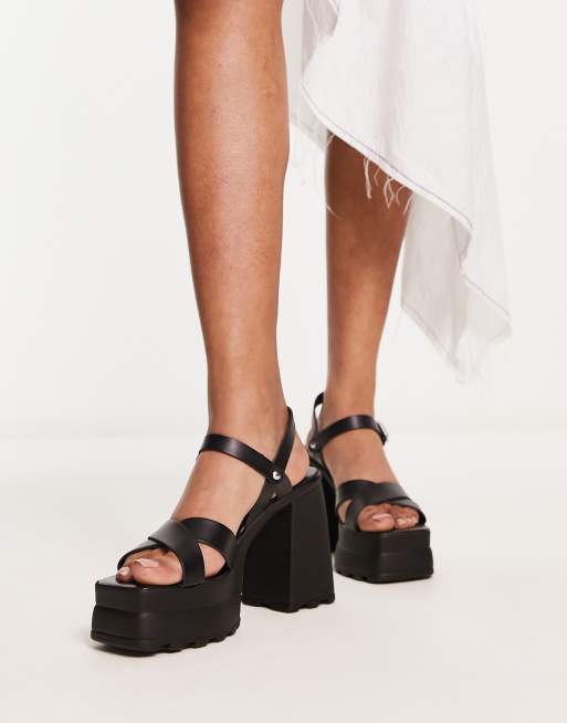 Pull&Bear high heel chunky platform sandal with buckle detail in black