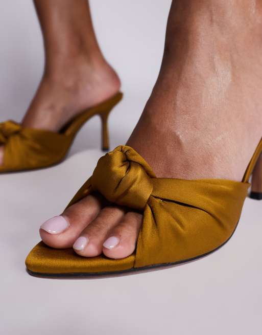 ASOS DESIGN Nemo knot detail high heel mules in ochre satin, 3 of 4