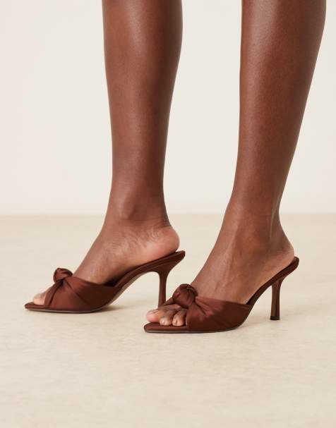 ASOS DESIGN Nemo knotted detail high heeled mules in chocolate satin - view 1