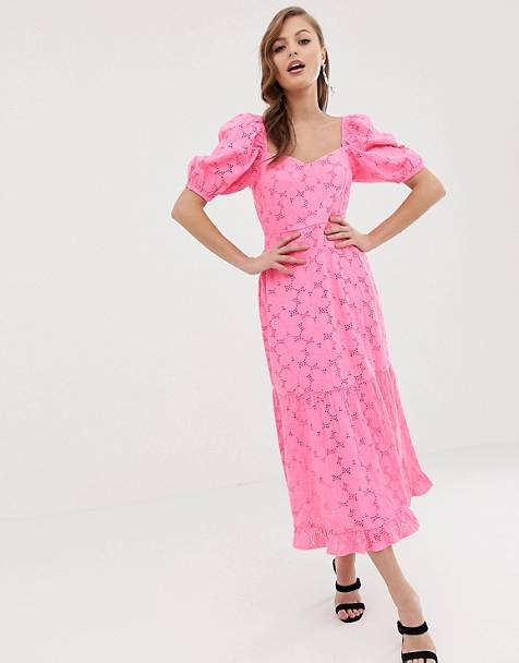 ASOS DESIGN neon broderie midi dress with sweetheart neckline and puff sleeves