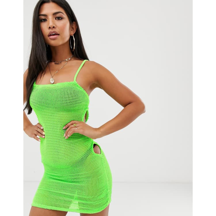 ASOS DESIGN neon green jersey fishnet beach dress with ruched sides