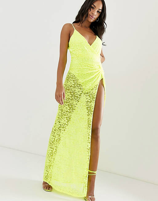 ASOS DESIGN neon lace maxi dress with thigh high split