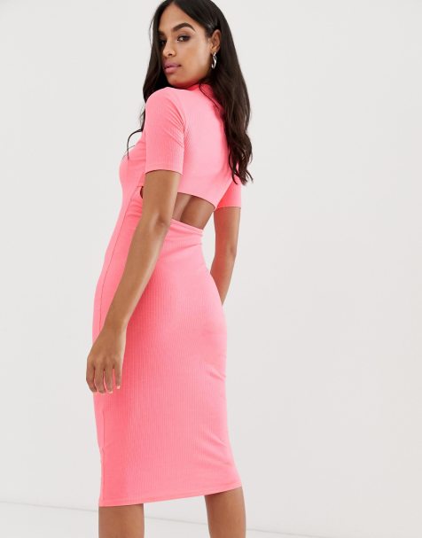 Neon midi rib bodycon dress with open back