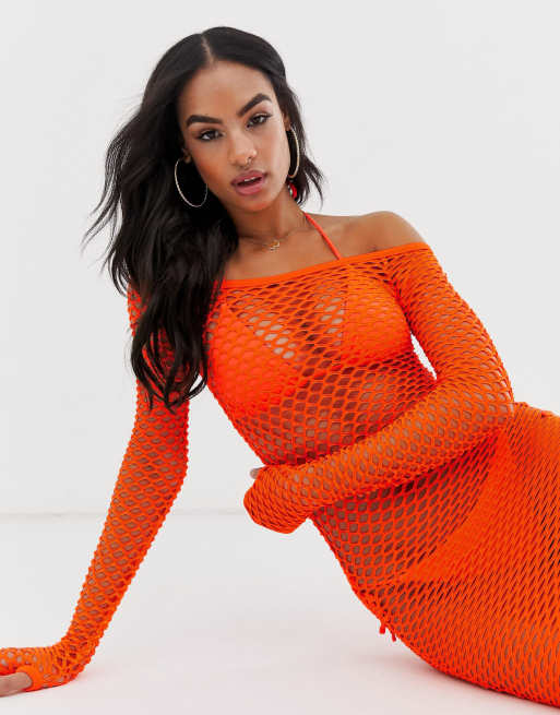 Fishnet Off The Shoulder Beach Cover Up Mini Dress