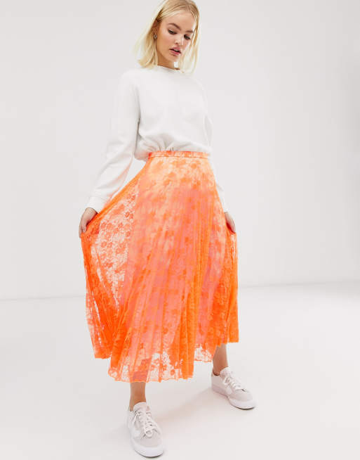 ASOS DESIGN neon pleated lace midi skirt