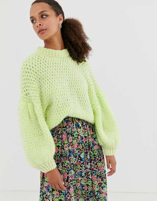 ASOS DESIGN neon stitch detail jumper with balloon sleeve