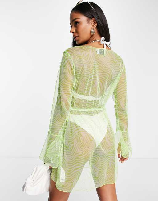 ASOS DESIGN – Neonfärgad, zebramönstrad strandkimono i mesh med knytning framtill, 2 av 4