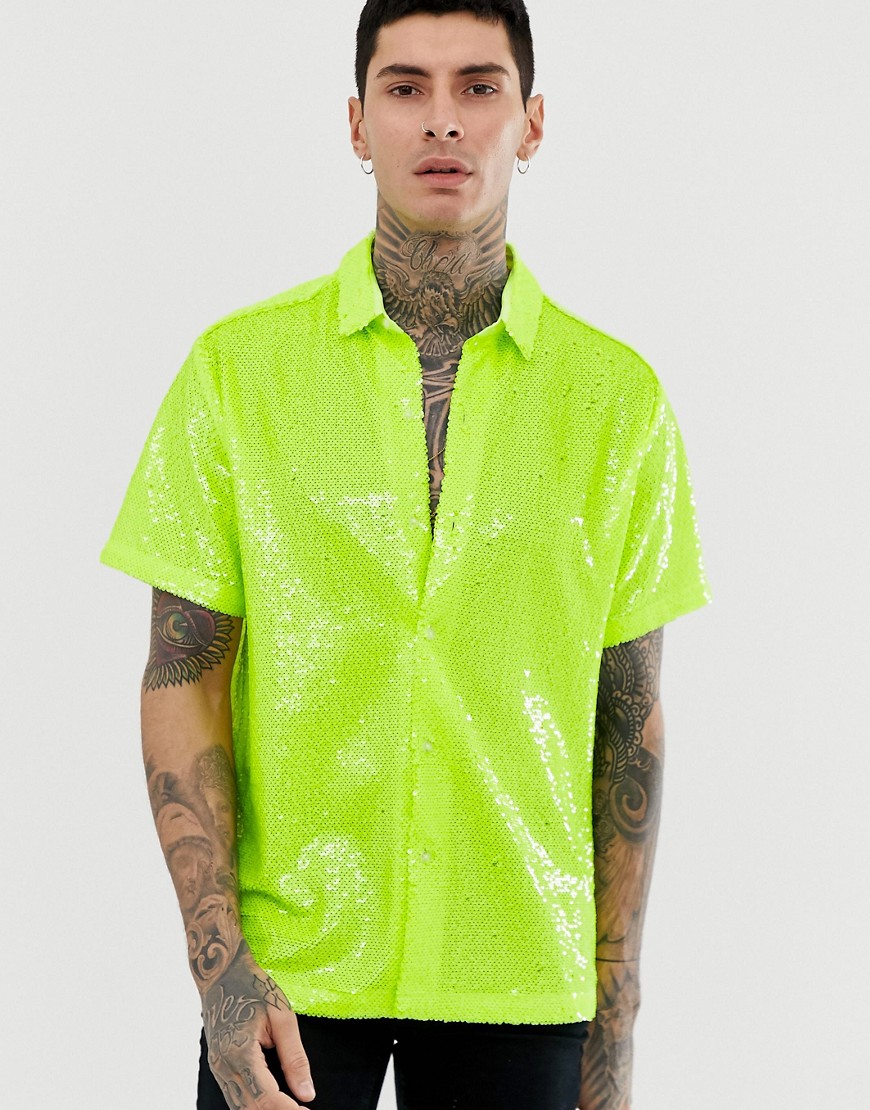 ASOS DESIGN – Neongul paljettskjorta med platt krage i oversize-modell
