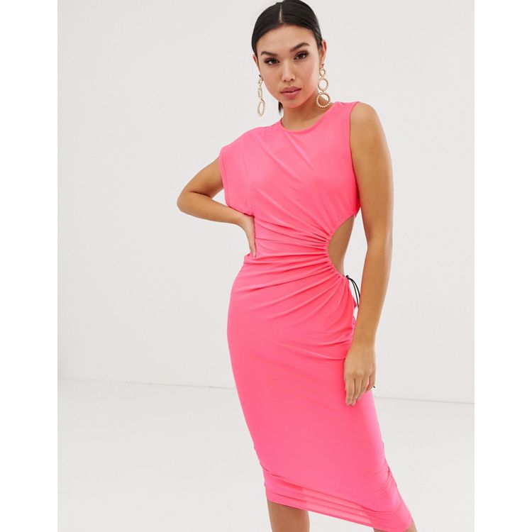 ASOS DESIGN – Neonowa sukienka o długości midi z odkrytym bokiem | ASOS