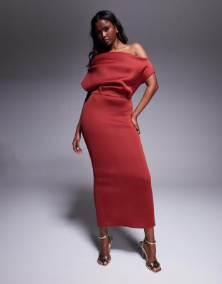 ASOS DESIGN - Neopren-Midikleid in Rot mit auffälligem Ausschnitt