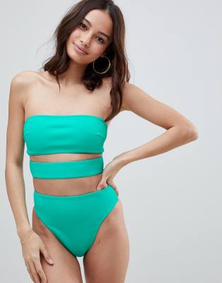 ASOS DESIGN neoprene bandeau strap bikini top in bali green