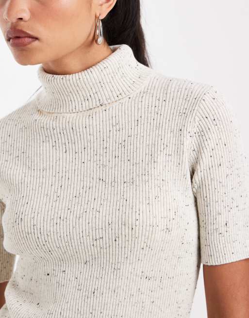 ASOS DESIGN neppy yarn high neck t-shirt in oatmeal, 3 of 4