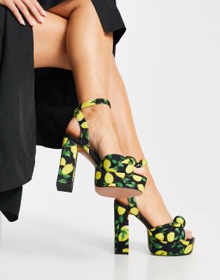 ASOS DESIGN Neptune platform high heeled sandals in lemon print