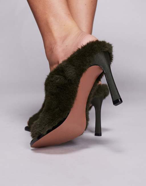 ASOS DESIGN Nessa faux-fur high heeled mules in forest green, 3 of 4
