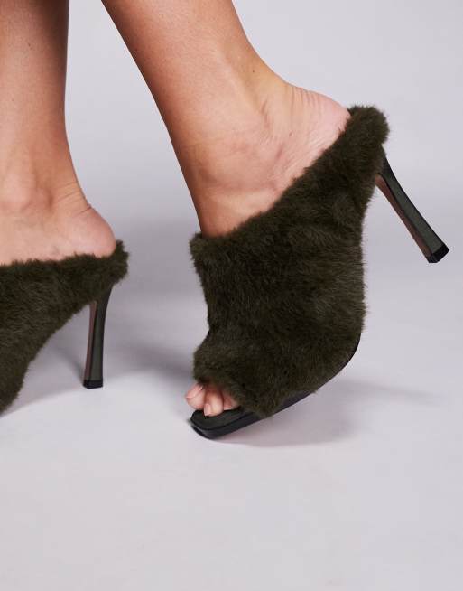 ASOS DESIGN Nessa faux-fur high heeled mules in forest green, 4 of 4