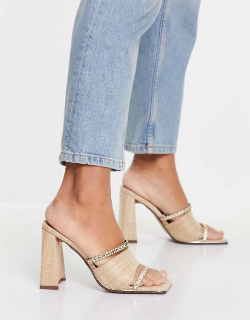 ASOS DESIGN Nestle chain detail block heeled mules in natural