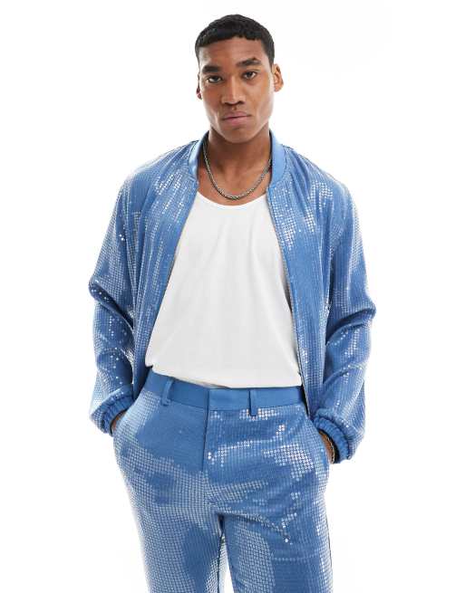 ASOS DESIGN - Net bomberjack in jaren 80 stijl met lovertjes in blauw, deel van co-ord set