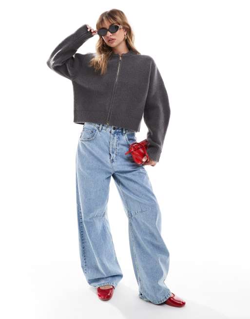 ASOS DESIGN - Net gebreid bomberjack met volumineuze mouwen in antraciet, 2 van 4