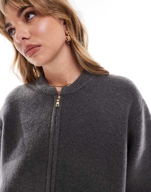 ASOS DESIGN - Net gebreid bomberjack met volumineuze mouwen in antraciet, 4 van 4