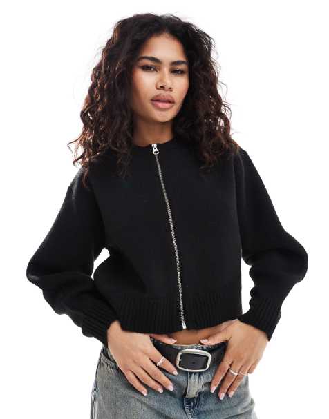 ASOS DESIGN - Net gebreid bomberjack met volumineuze mouwen in zwart - view 1