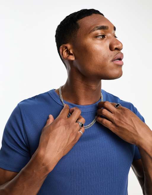 ASOS DESIGN - Net geribbeld muscle fit T-shirt in marineblauw