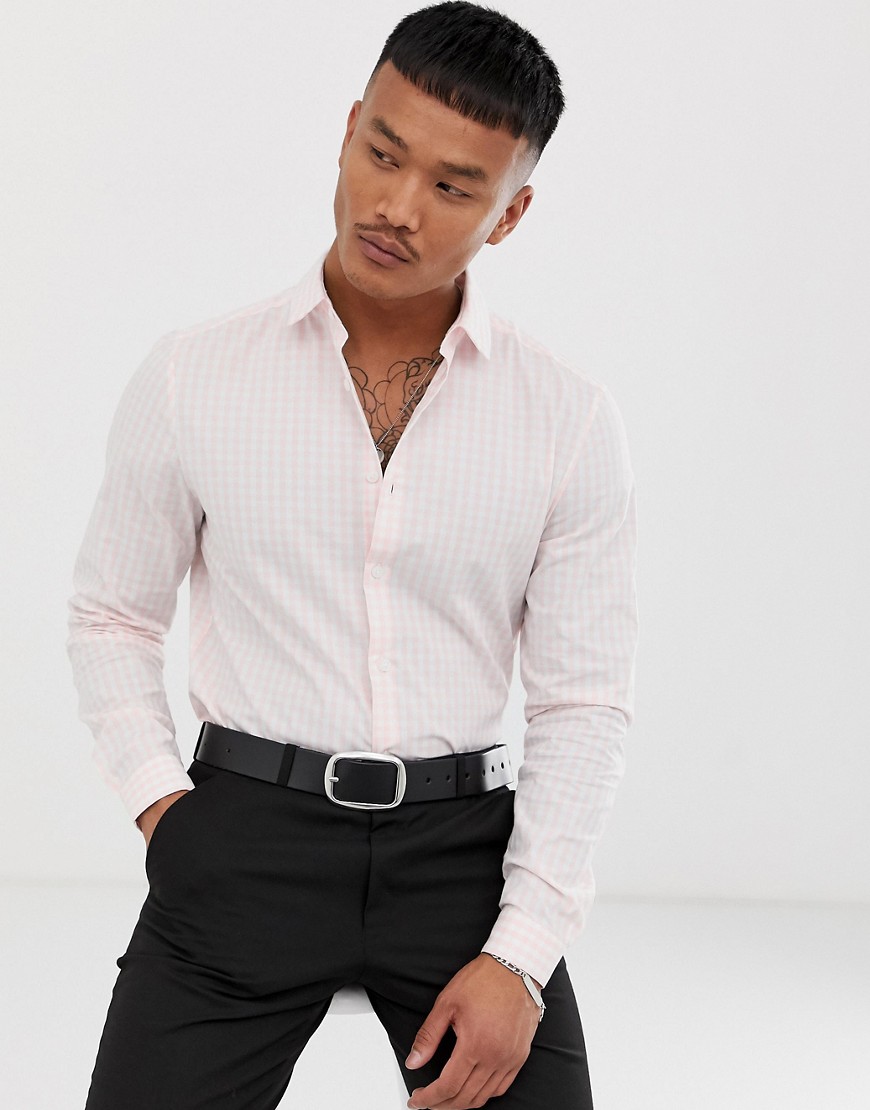 ASOS DESIGN - Net geruit overhemd in slim-fit met stretch in roze