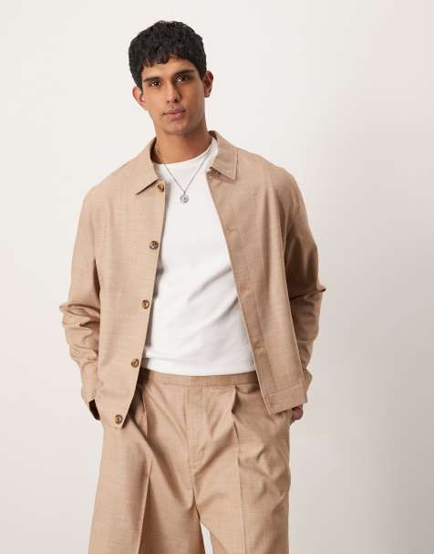 ASOS DESIGN - Net harrington jack met knoopsluiting en textuur in camel, deel van co-ord set - view 1