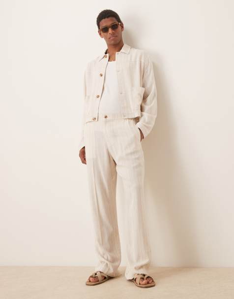 ASOS DESIGN - Net harrington-overhemd van linnenmix in stone krijtstrepen, deel van co-ord set - view 1