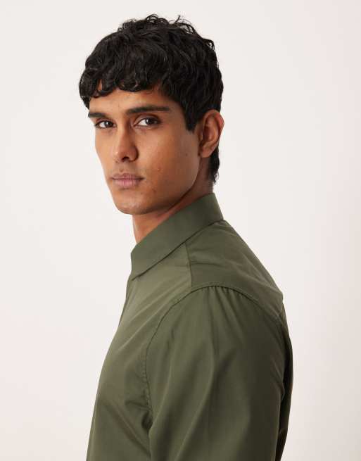 ASOS DESIGN - Net kreukvrij overhemd van popeline met normale pasvorm in donkergroen, 4 van 5