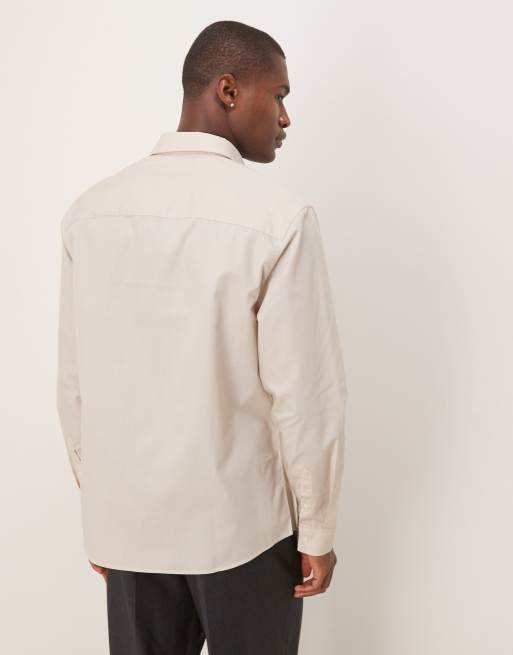 ASOS DESIGN - Net kreukvrij overhemd van popeline met normale pasvorm in stone, 4 van 4
