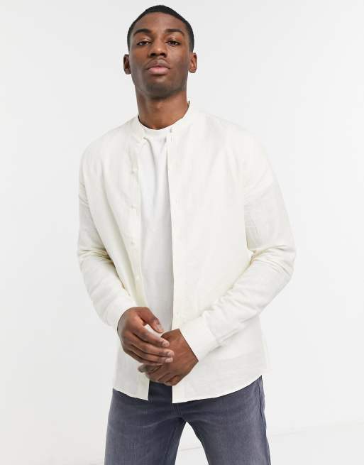 ASOS DESIGN - Net linnen regular-fit overhemd met opstaande kraag in ecru