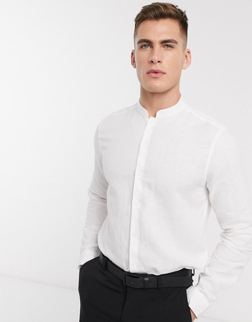 ASOS DESIGN - Net linnen regular-fit overhemd met opstaande kraag in wit
