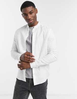 ASOS DESIGN - Net linnen regular-fit overhemd met opstaande kraag in wit