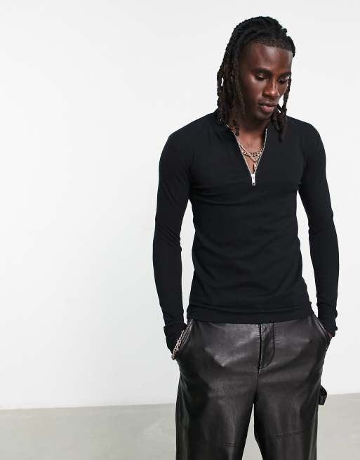ASOS DESIGN - Net muscle-fit T-shirt met lange mouwen en korte rits in zwart