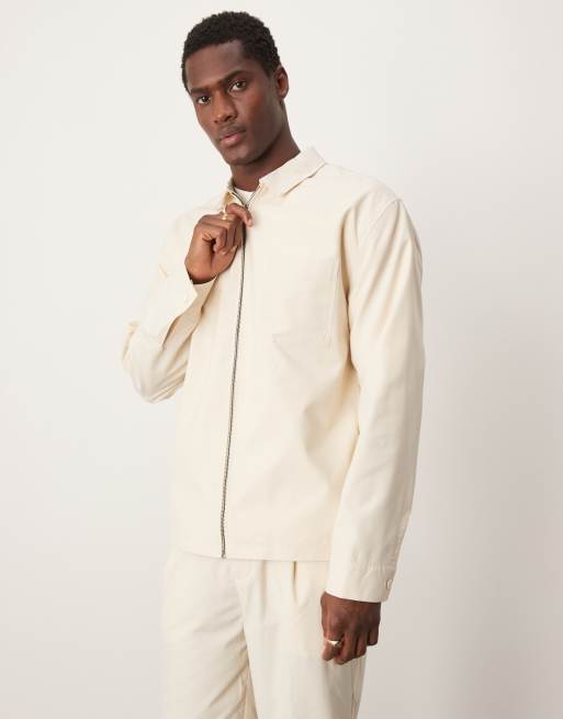 ASOS DESIGN - Net overhemd-jack met rits in crème, deel van co-ord set