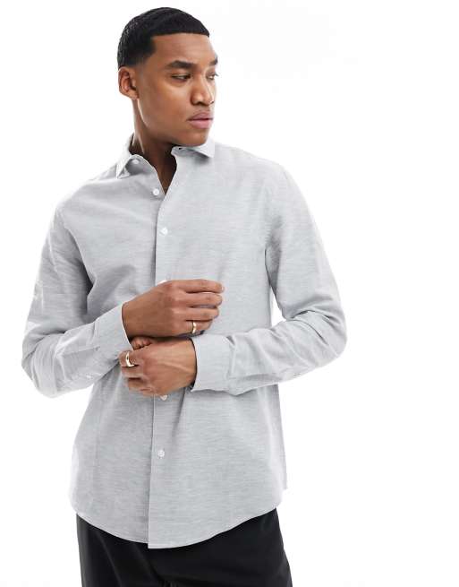 ASOS DESIGN - Net regular-fit overhemd van linnenmix in lichtgrijs
