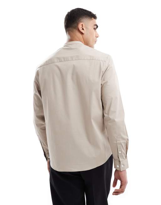 ASOS DESIGN - Net regular-fit overhemd zonder kraag in donker stone, 2 van 4