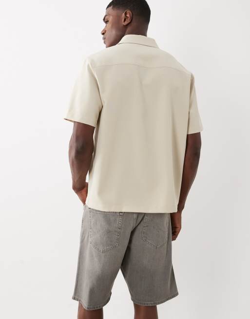 ASOS DESIGN - Net ruimvallend overhemd met drukknopen in beige, 3 van 5
