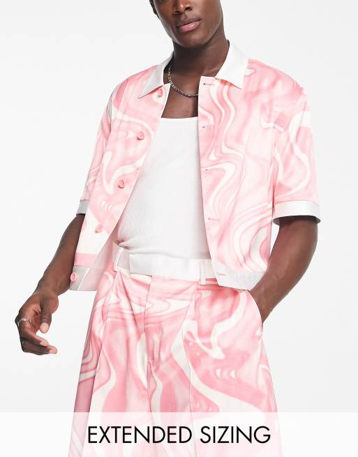 ASOS DESIGN - Net satijnen jack met korte mouwen en wervelprint in roze, deel van co-ord set