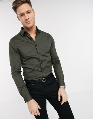 ASOS DESIGN - Net skinny-fit overhemd met stretch in kaki-Groen