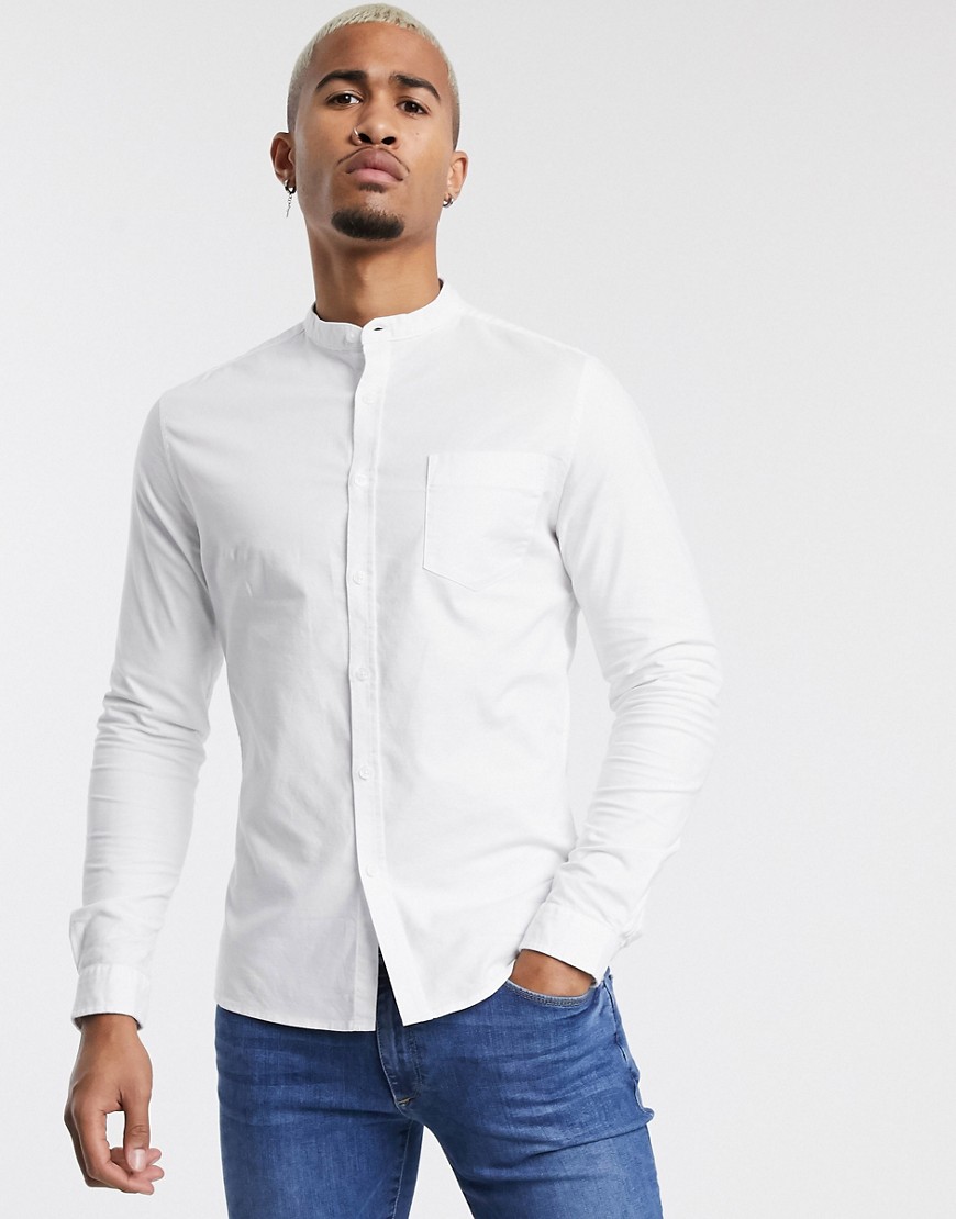 ASOS DESIGN - Net skinny Oxford overhemd zonder kraag in wit