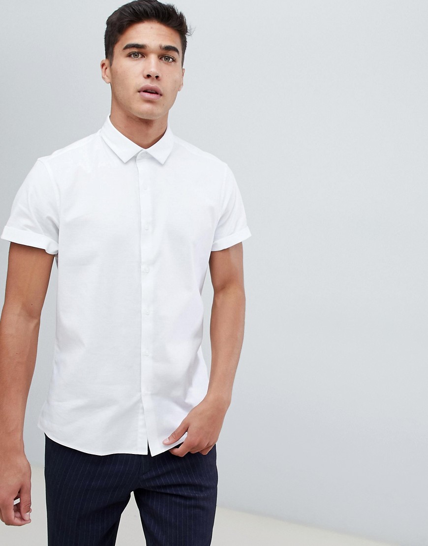 ASOS DESIGN - Net, smal Oxford overhemd met korte mouwen in wit
