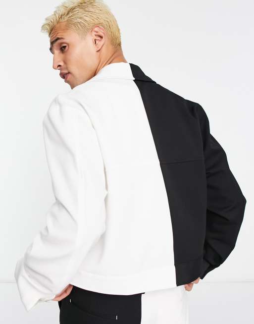ASOS DESIGN - Net truckerjack in half-om-half zwarte en witte kleurvlakken, deel van co-ord set, 2 van 4