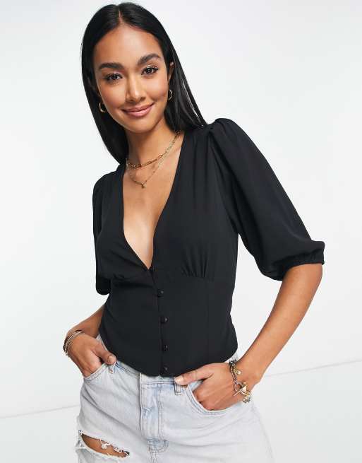 ASOS DESIGN - Nette blouse met knopen aan de voorkant, volumineuze mouwen en gestrikte achterkant in zwart
