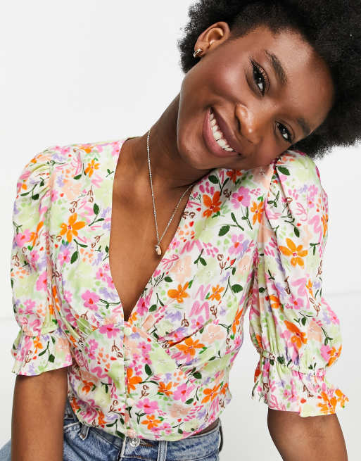 ASOS DESIGN - Nette blouse met korte mouwen in felgekleurde bloemenprint, 3 van 4