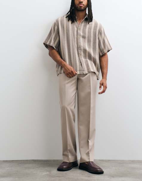 ASOS DESIGN nette broek met dubbele plooien en wijde pijpen in stone - view 1