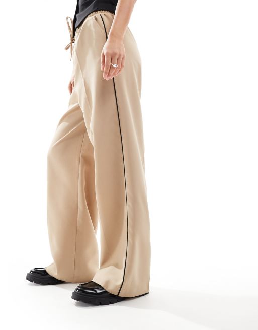 ASOS DESIGN - Nette broek met elastische taille en biezen in zandkleur