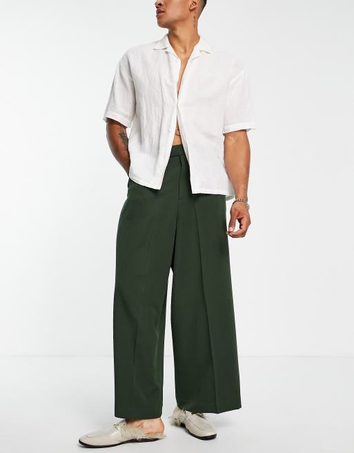 ASOS DESIGN - Nette broek met extreem wijde pijpen en smalle tailleband in olijfgroen